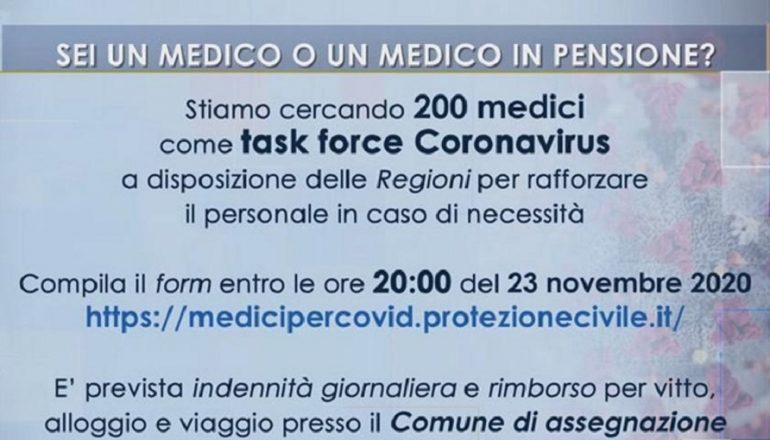 Coronavirus, la Protezione civile cerca 200 medici