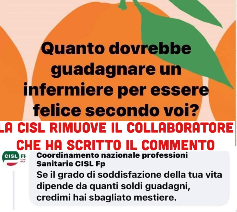 “Se gli infermieri non sono contenti dello stipendio cambino mestiere”. La CISL si scusa e rimuove l’autore del commento