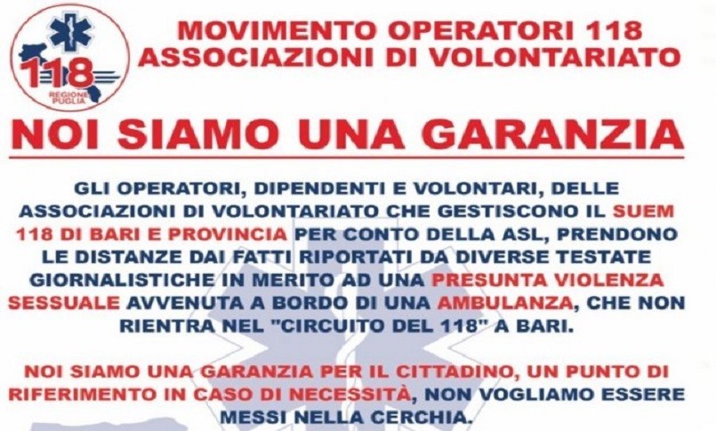 Bari, presunti abusi sessuali sull'ambulanza: volontari 118 esprimono solidarieta alla studentessa