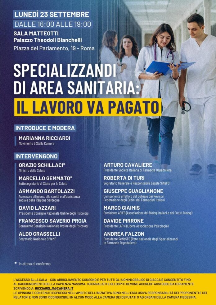 "Specializzandi di area sanitaria: il lavoro va pagato": convegno a Roma il 23 settembre