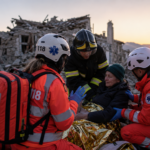 Sisma di Amatrice 2016, soccorritori e infermiere impegnati tra macerie e feriti durante le operazioni di emergenza.