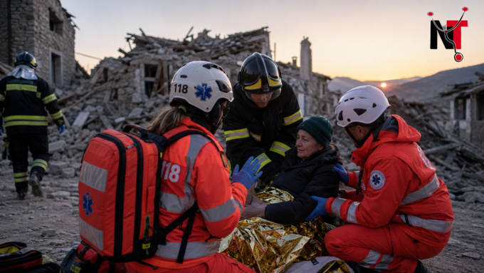 Sisma di Amatrice 2016, soccorritori e infermiere impegnati tra macerie e feriti durante le operazioni di emergenza.