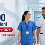 Infermieri e OSS in ospedale in Puglia con grafica sul possibile rinvio delle assunzioni al 2027 e sul deficit sanitario.