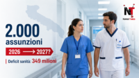 Infermieri e OSS in ospedale in Puglia con grafica sul possibile rinvio delle assunzioni al 2027 e sul deficit sanitario.