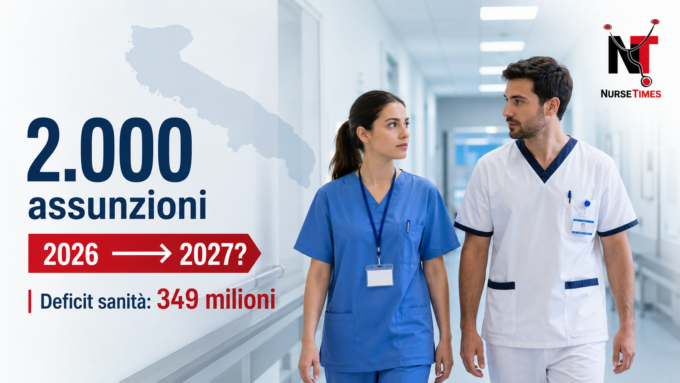 Infermieri e OSS in ospedale in Puglia con grafica sul possibile rinvio delle assunzioni al 2027 e sul deficit sanitario.