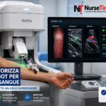 Robot autonomo per il prelievo di sangue individua una vena nel braccio di un paziente sotto la supervisione di un sanitario.