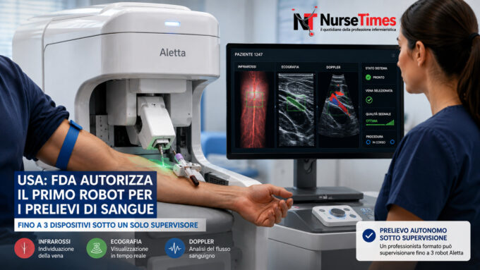 Robot autonomo per il prelievo di sangue individua una vena nel braccio di un paziente sotto la supervisione di un sanitario.
