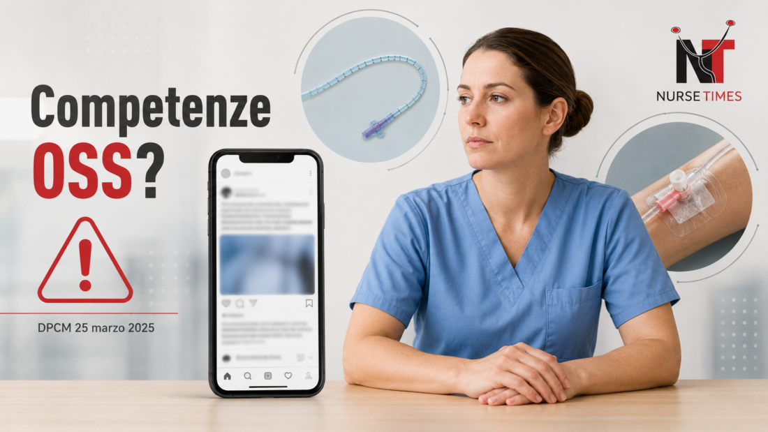 Annuncio social di un OSS e simboli di sondino e accesso venoso per spiegare i limiti tra competenze OSS e infermieristiche