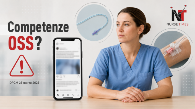 Annuncio social di un OSS e simboli di sondino e accesso venoso per spiegare i limiti tra competenze OSS e infermieristiche