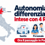 Mappa dell’Italia con Liguria, Lombardia, Piemonte e Veneto evidenziati e simboli delle competenze sanitarie previste dalle intese