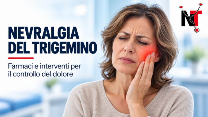 Illustrazione del nervo trigemino e delle sue tre branche nel volto, a supporto delle informazioni su sintomi e terapie