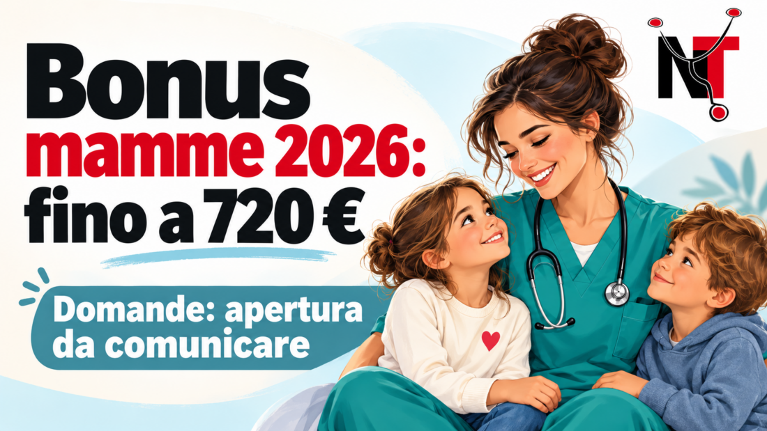 Illustrazione di una lavoratrice sanitaria con due bambini e indicazione del bonus mamme 2026 fino a 720 euro