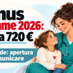 Illustrazione di una lavoratrice sanitaria con due bambini e indicazione del bonus mamme 2026 fino a 720 euro