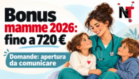 Illustrazione di una lavoratrice sanitaria con due bambini e indicazione del bonus mamme 2026 fino a 720 euro