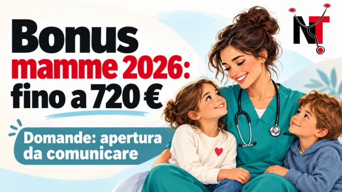 Illustrazione di una lavoratrice sanitaria con due bambini e indicazione del bonus mamme 2026 fino a 720 euro
