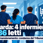 Illustrazione di quattro infermieri in un reparto ospedaliero, con il dato dei 36 posti letto del caso Niguarda