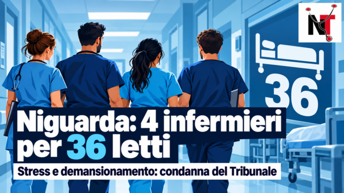 Illustrazione di quattro infermieri in un reparto ospedaliero, con il dato dei 36 posti letto del caso Niguarda