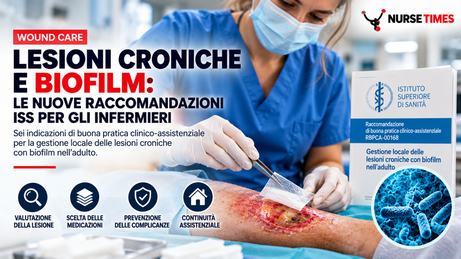 Infermiere impegnato nella medicazione di una lesione cronica, con richiamo alle raccomandazioni ISS sulla gestione del biofilm