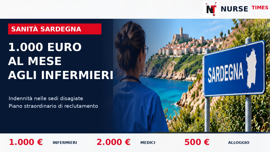 Infermiera in divisa blu con panorama della Sardegna e richiamo all’indennità di 1.000 euro lordi mensili per le sedi disagiate