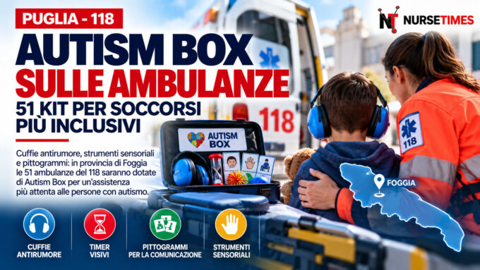 Ambulanza del 118 di Foggia, operatrice sanitaria e strumenti sensoriali delle Autism Box per assistere persone autistiche