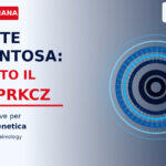 Illustrazione scientifica della retina e del DNA con evidenza del gene PRKCZ associato alla retinite pigmentosa ereditaria