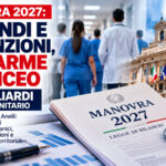 Medici e infermieri in ambiente ospedaliero con grafica sulla legge di Bilancio 2027 e sulle richieste FNOMCeO