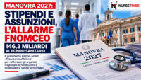 Medici e infermieri in ambiente ospedaliero con grafica sulla legge di Bilancio 2027 e sulle richieste FNOMCeO