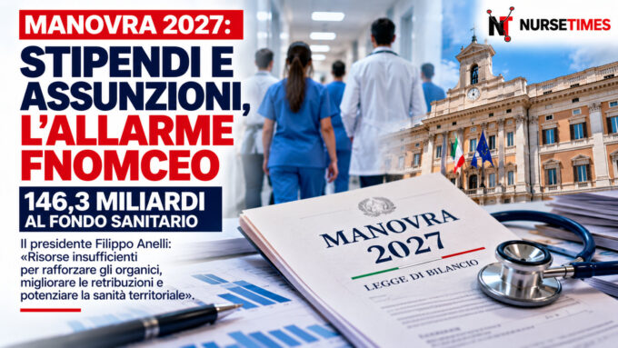 Medici e infermieri in ambiente ospedaliero con grafica sulla legge di Bilancio 2027 e sulle richieste FNOMCeO